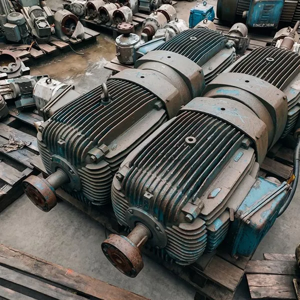 Motores industriais usados enferrujados empilhados em paletes em um armazém.