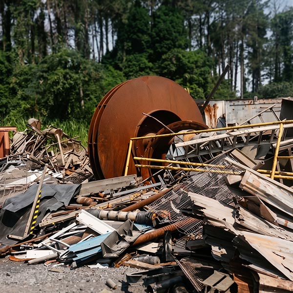 Grande pilha de sucata metálica enferrujada ao ar livre em área com árvores ao fundo.