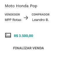 Detalhes da venda da moto Honda Pop: vendedor MPP Rotas, comprador Leandro B., preço R$ 3.500.