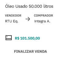 Venda de 50.000 litros de óleo usado, vendedor RTU Eq., comprador Integra A., total R$ 101.500,00.