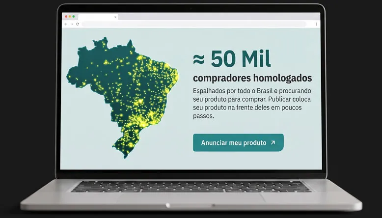 Mapa do Brasil com pontos amarelos e texto sobre 50 mil compradores homologados espalhados pelo país.