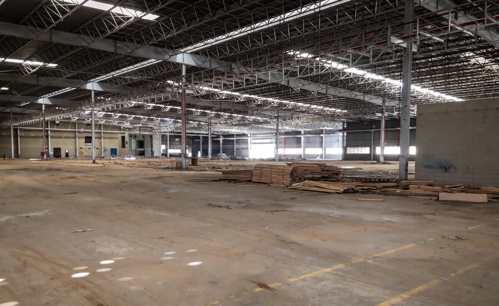 Galpão industrial vazio, com piso de concreto e cobertura metálica, após a retirada dos equipamentos.