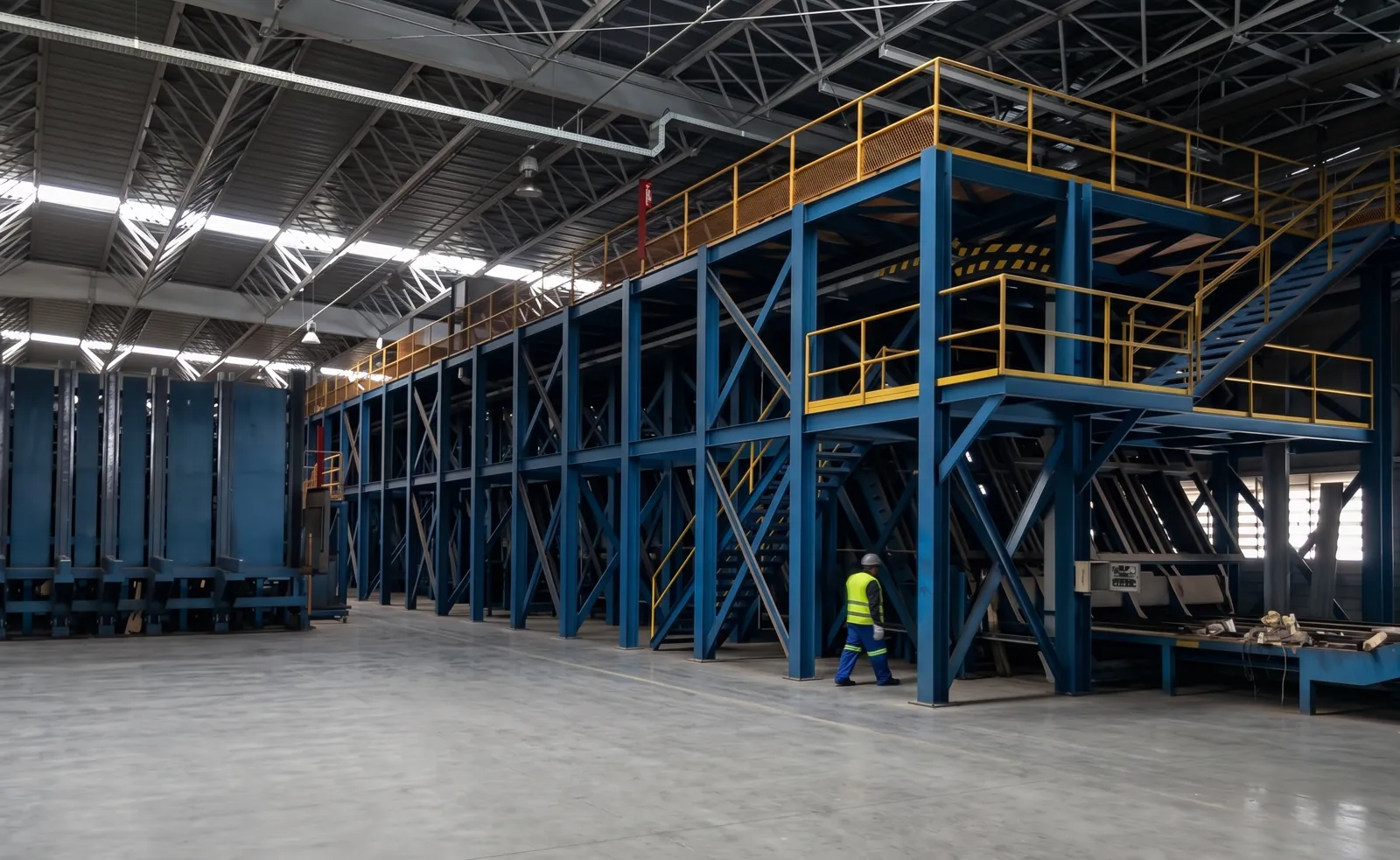 Galpão industrial com estrutura metálica azul e corrimãos amarelos, com um operador de colete e capacete ao fundo.