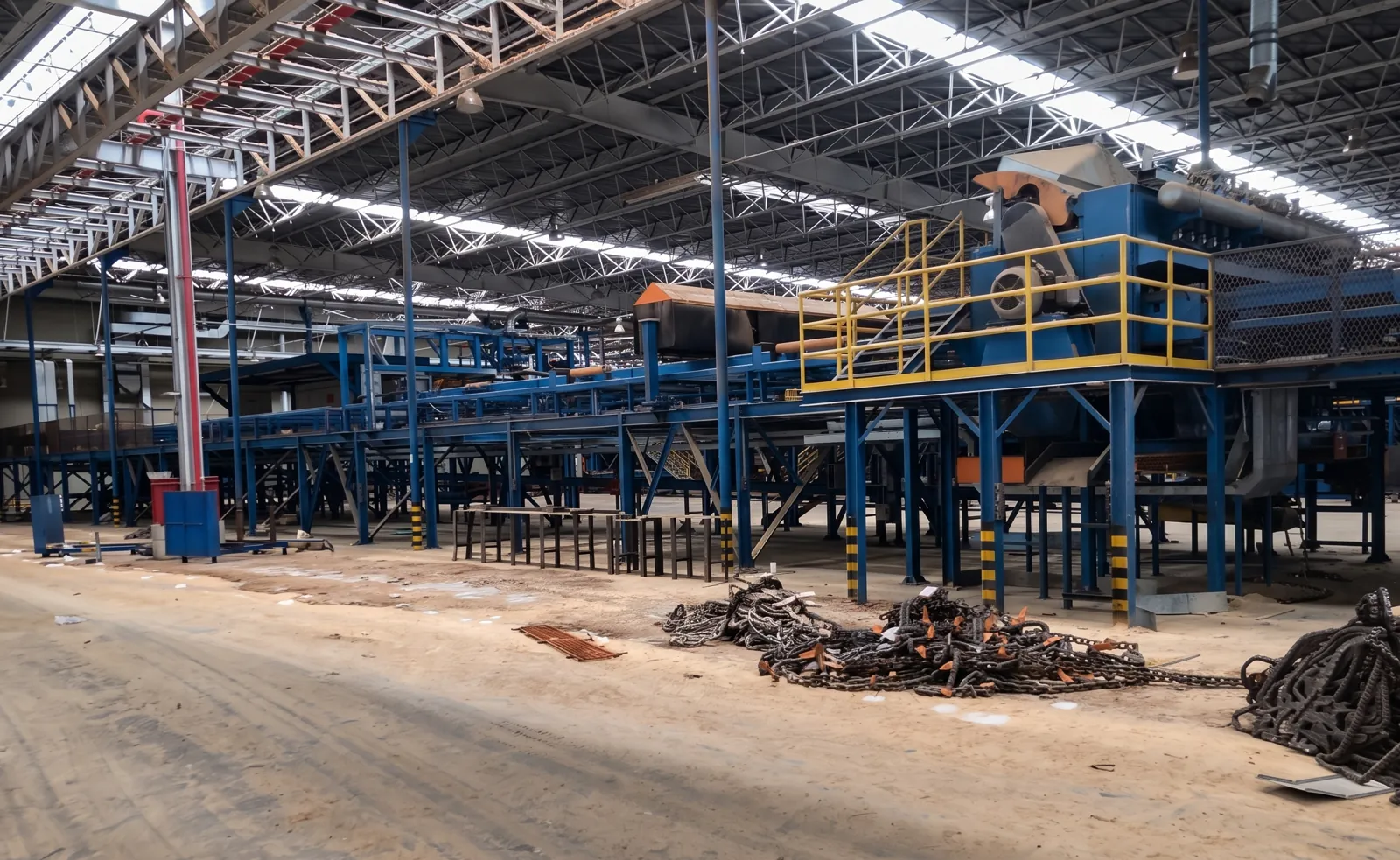 Linha de produção industrial desativada, com estruturas metálicas azuis e correntes no chão do galpão.