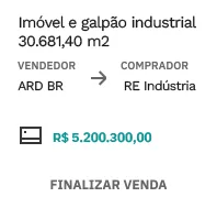 Exemplo de venda na Central de Materiais: imóvel e galpão industrial de 30.681,40 m², vendedor ARD BR, comprador RE Indústria, R$ 5.200.300,00.