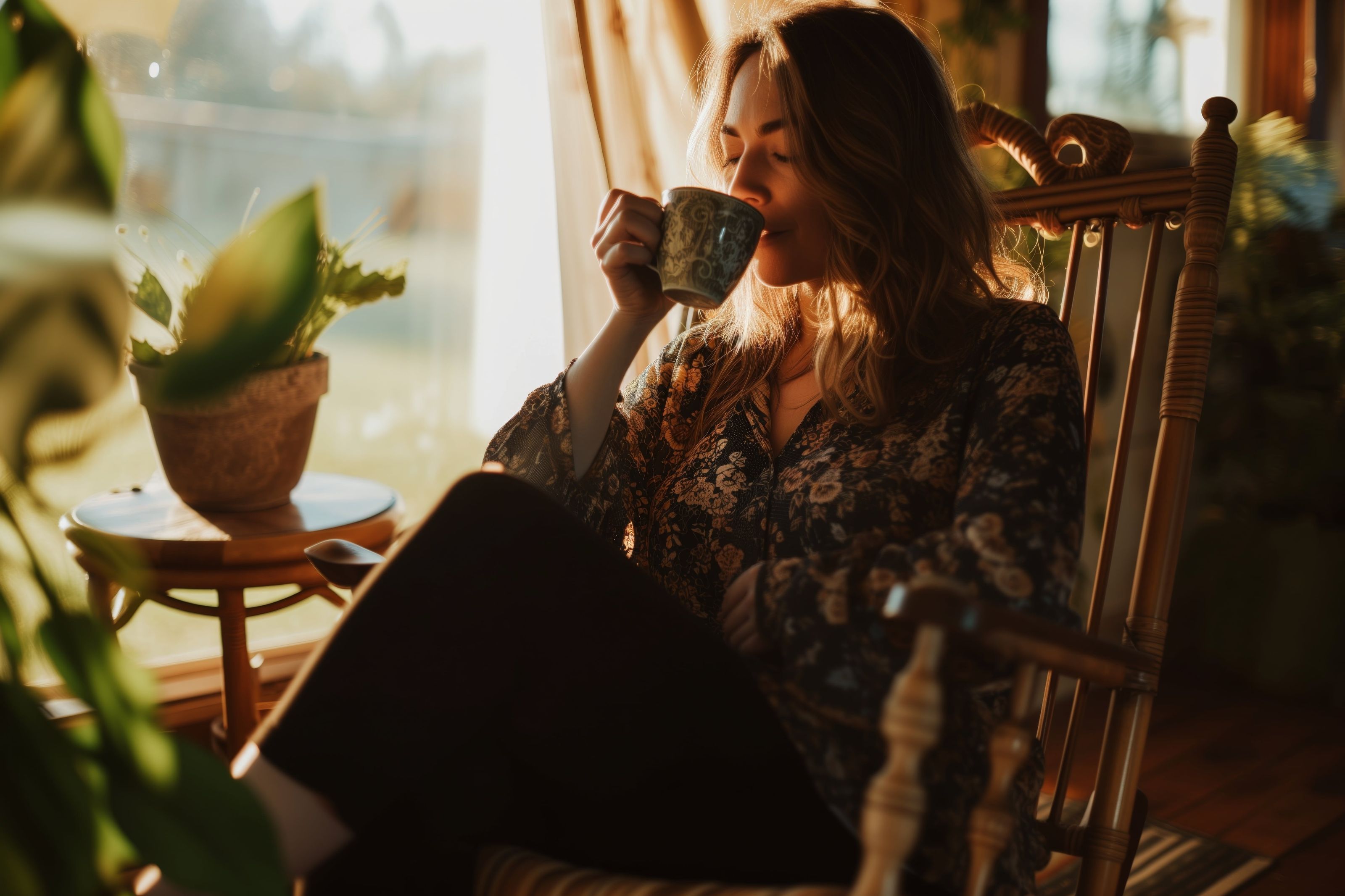Woman drinking coffee by window stock image