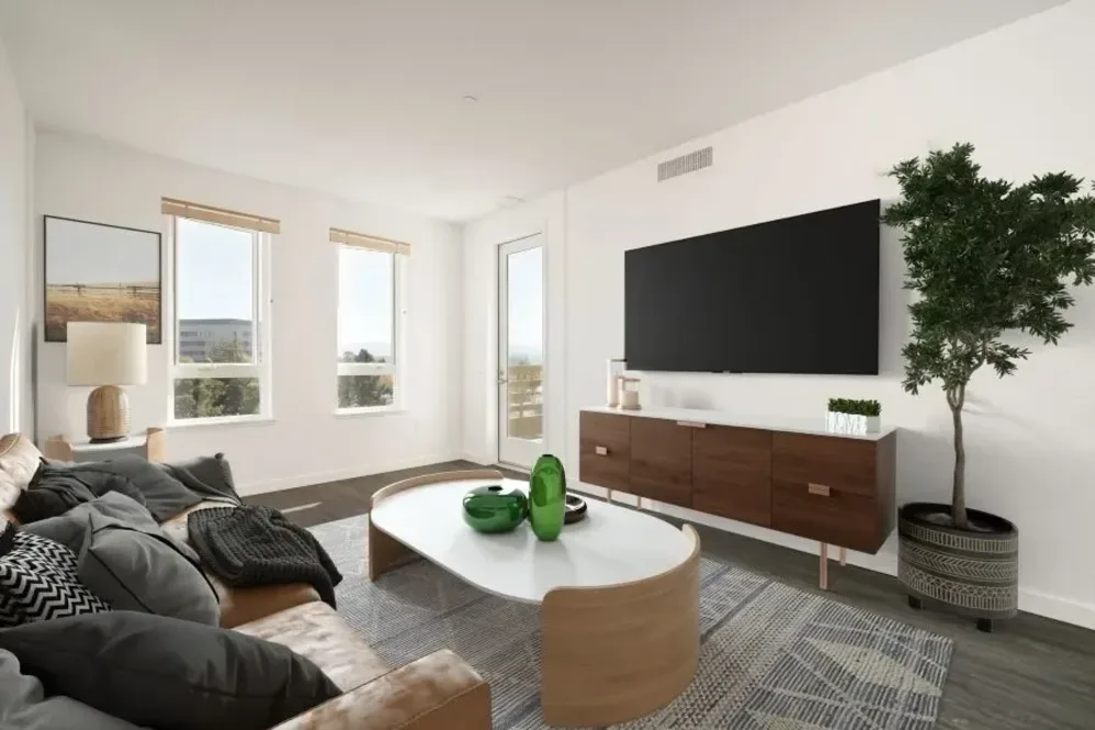 Virtual rendering of living room with sofa, coffee table, and tv