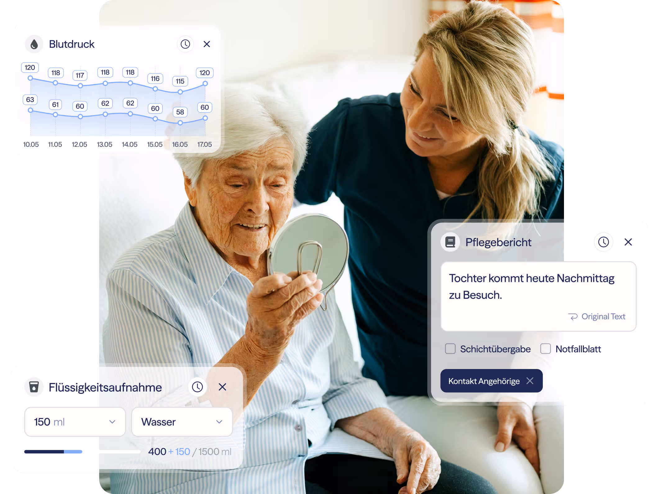 Ältere Frau hält einen Spiegel, neben ihr eine Pflegekraft, angezeigt sind Blutdruckkurven, Flüssigkeitsaufnahme und Pflegebericht in deutscher Sprache.