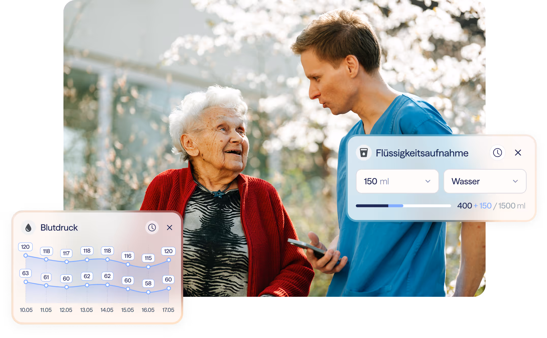 Pflegekraft in blauer Uniform spricht mit älterer Frau in rotem Pullover, umgeben von Diagrammen zu Blutdruck und Flüssigkeitsaufnahme.