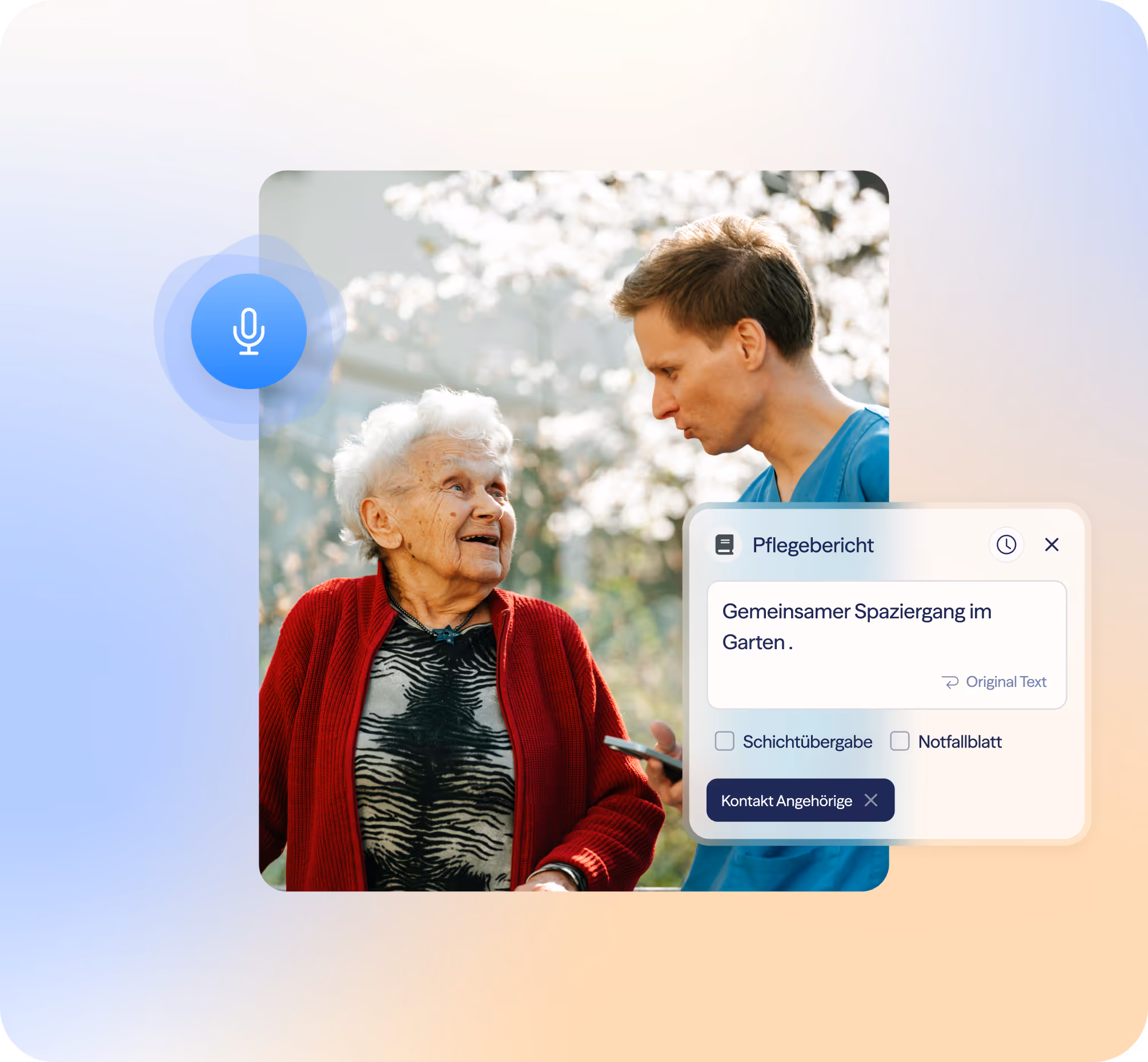 Ältere Frau im roten Pullover lächelt einen jüngeren Mann im blauen T-Shirt an, sie sind draußen, begleitet von einer Pflegebericht-Notiz über gemeinsamen Spaziergang im Garten.