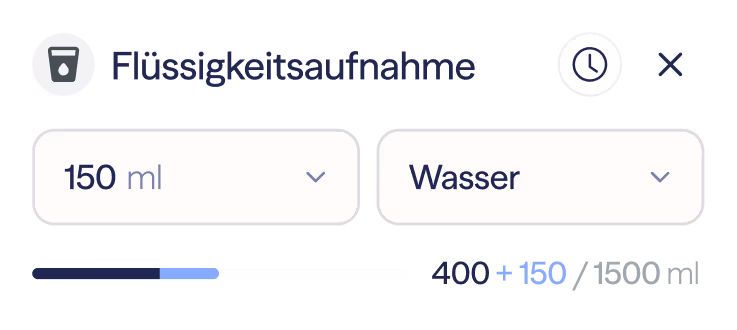 Benutzerschnittstelle zur Eingabe der Flüssigkeitsaufnahme mit Auswahlfeldern für 150 ml und Wasser, Fortschrittsanzeige darunter.