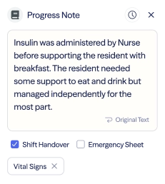 Pflegebericht-Notiz in der voize-App (UK-Version).