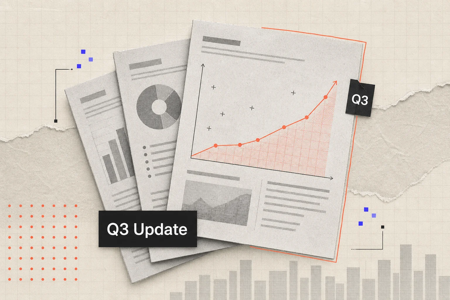 Paper collage of a fanned stack of printed report pages with a coral growth chart and a Q3 Update label