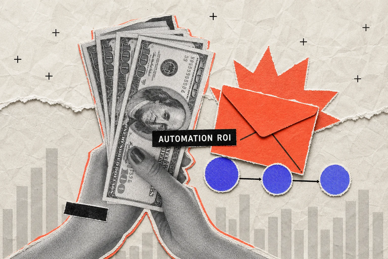 Paper collage of hands fanning banknotes beside a coral envelope and a three-node automation flow, labelled Automation ROI