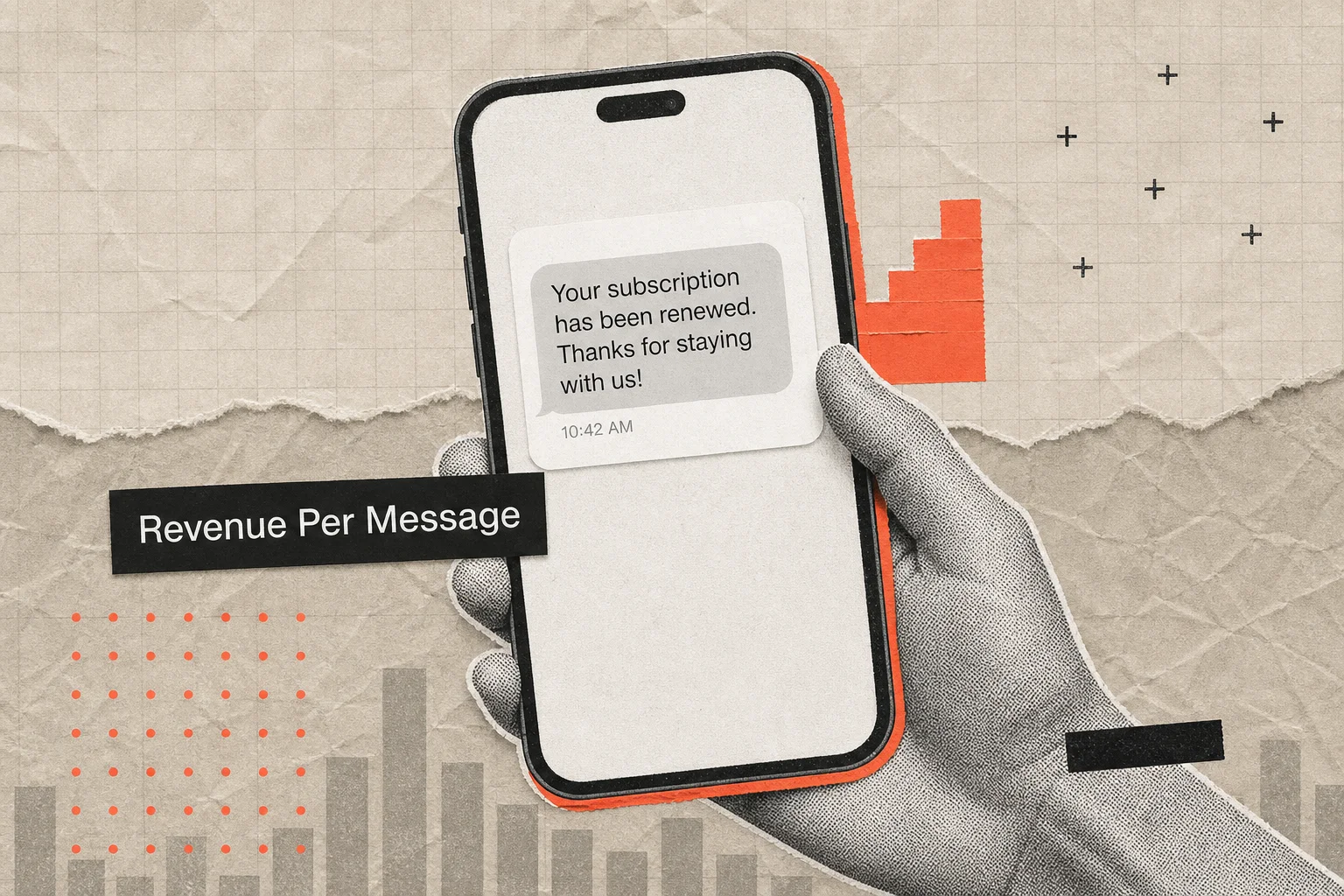 Paper collage of a hand holding a phone showing an SMS message with a coral bar stepping up beside it