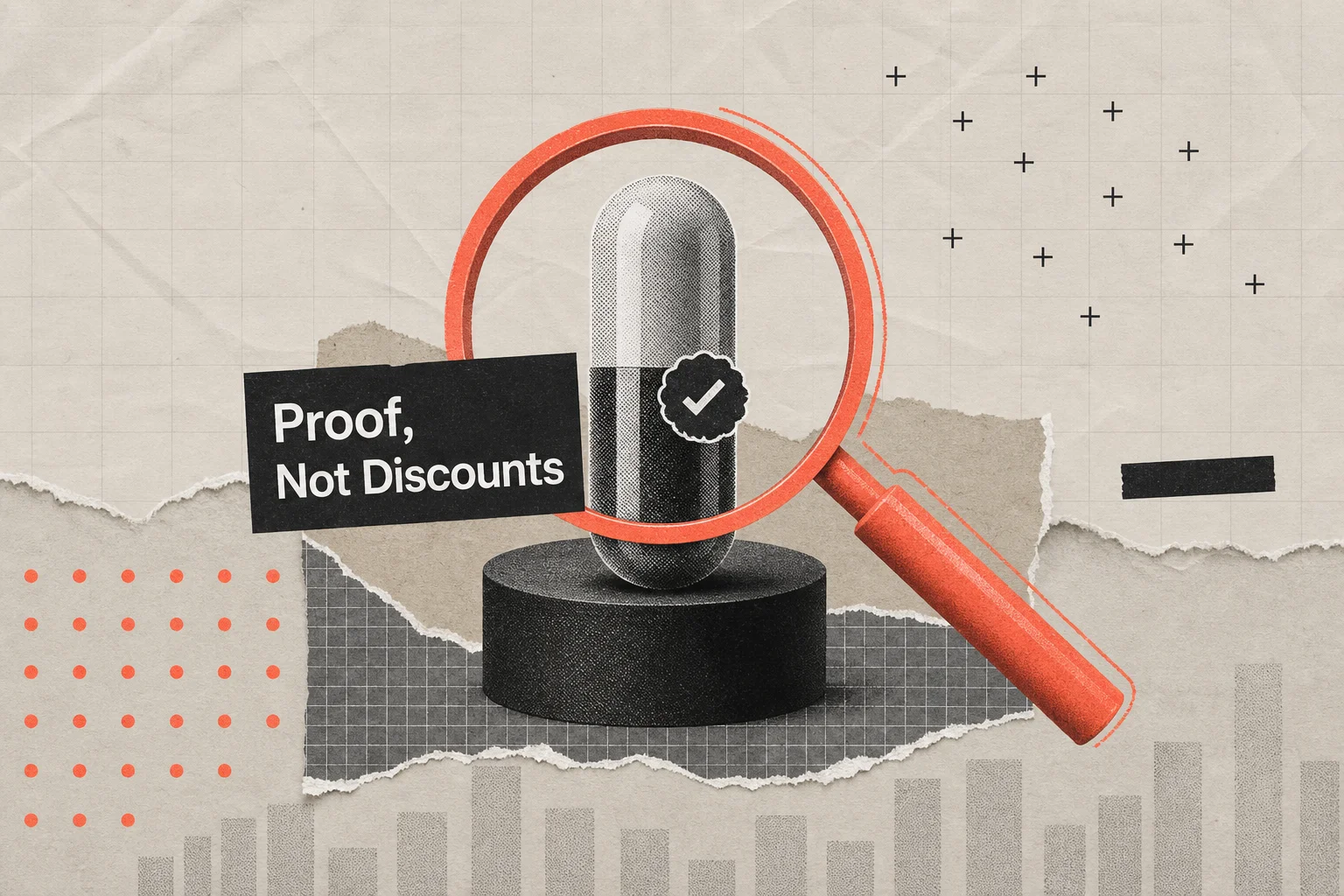 Paper collage of a halftone capsule on a black plinth under a coral magnifying glass, labelled Proof, Not Discounts