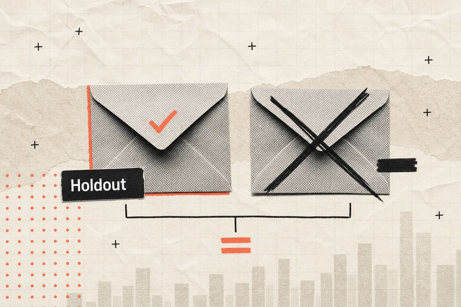 Paper collage of two halftone envelopes, one ticked and one crossed out, joined by a bracket and labelled Holdout