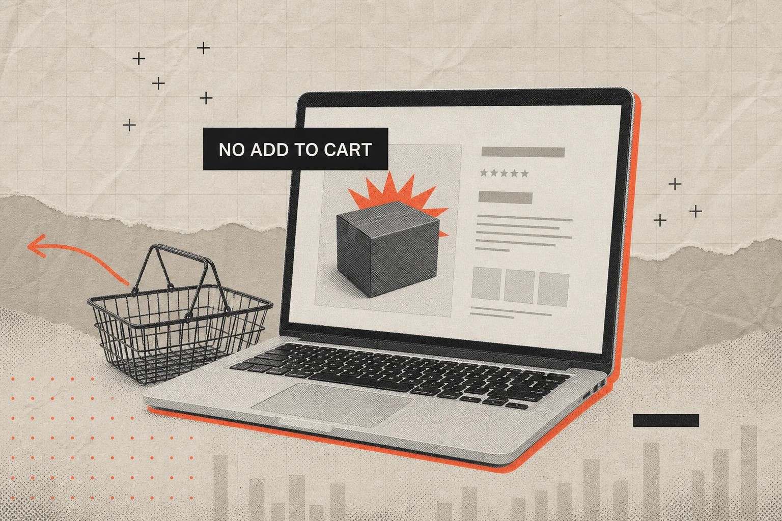 Paper collage of a laptop showing a product page beside an empty shopping basket, with a coral arrow and a chip reading No Add To Cart