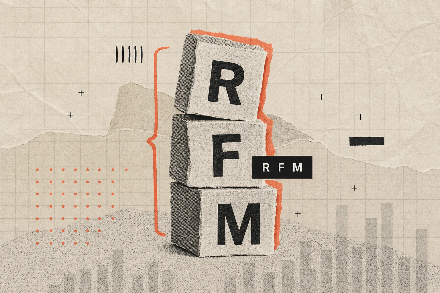 Paper collage of three stacked blocks lettered R, F and M with a coral offset outline and a black chip reading RFM