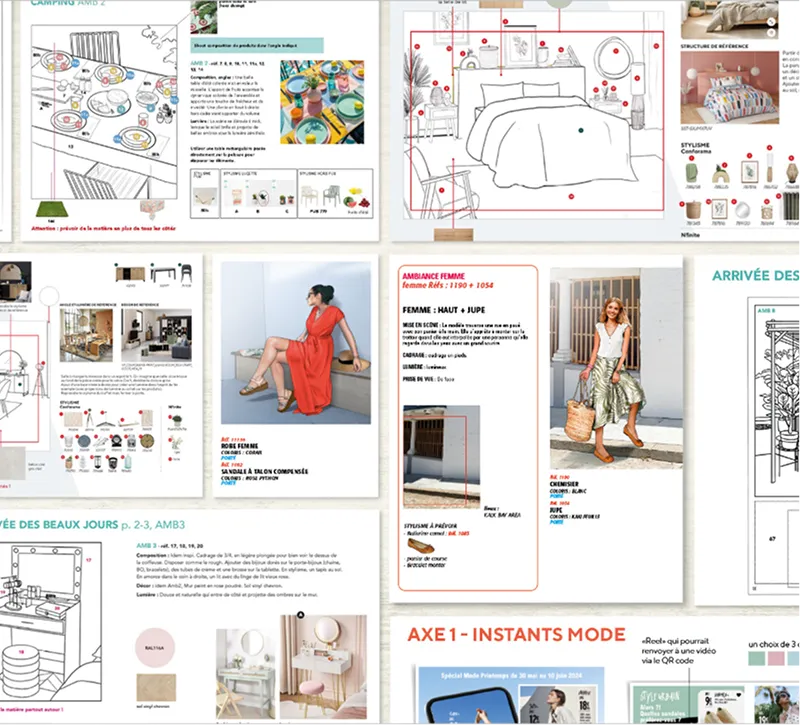 Collage of fashion and home styling pages with outfit photos, bed setup, and product diagrams.