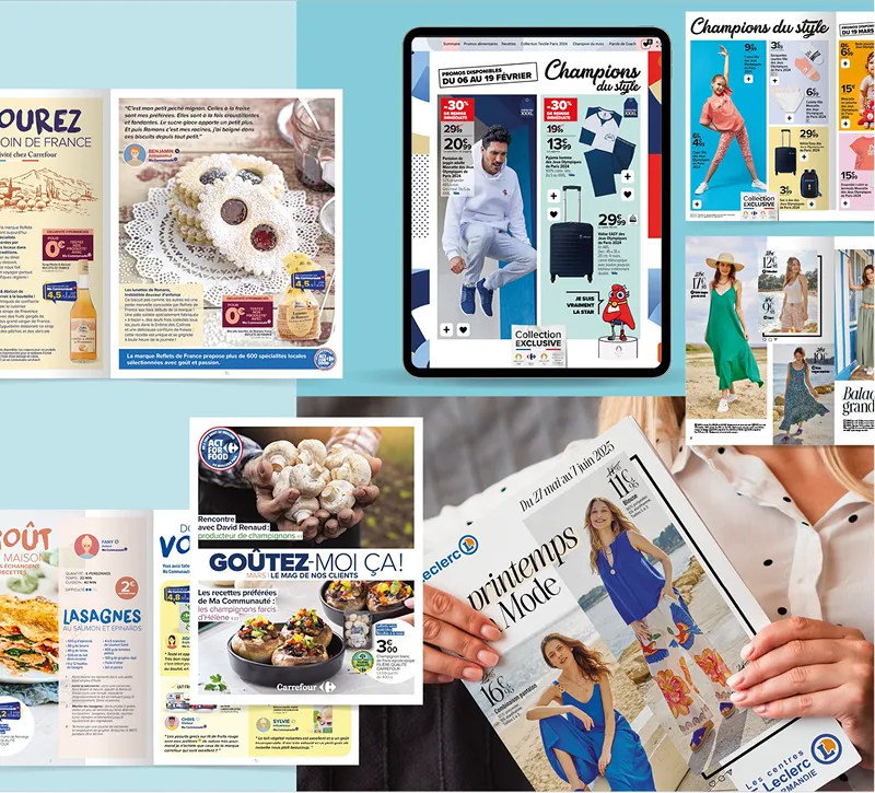 Person reading a fashion magazine about spring styles, surrounded by various food and fashion catalogs.