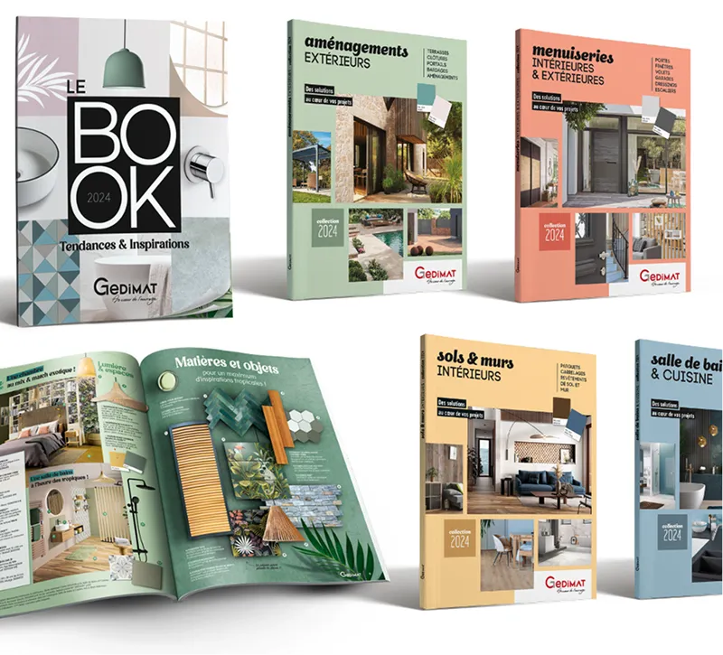 Six interior design and home improvement catalogs from Gedimat for 2024 on various topics.