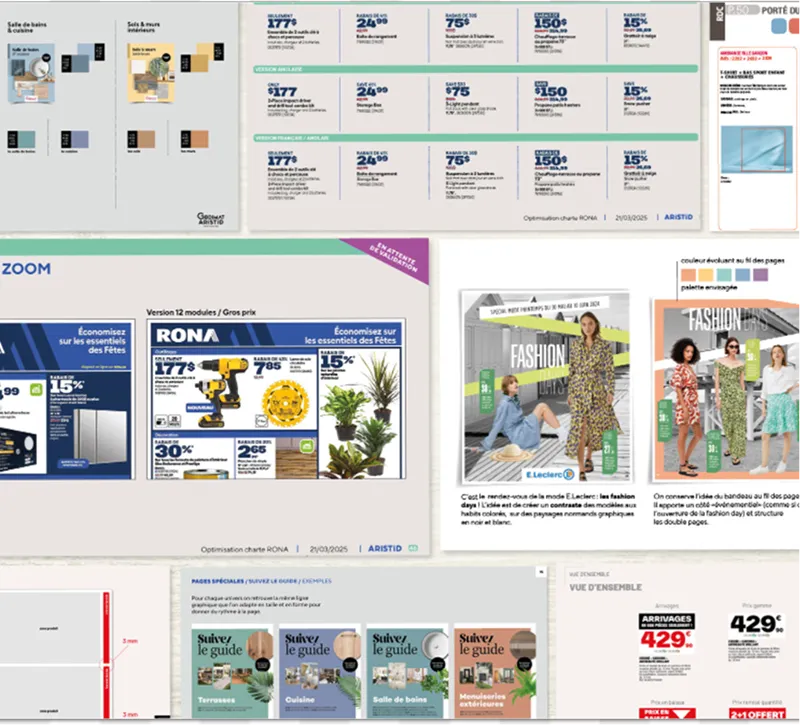 Collage of design layouts showing product pricing, fashion ads, and guide examples for RONA and E.Leclerc.