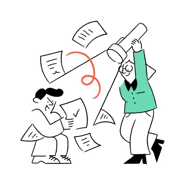 Illustration of stressed worker overwhelmed by paperwork and bureaucracy