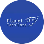 Planet Tech'Care logo with stylized bird on blue circular background.