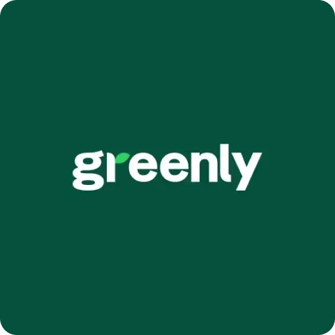 Greenly brand name text with a leaf accent on the letter r against a dark green background.