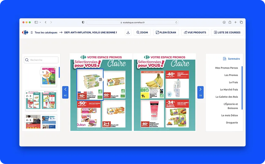 Online Carrefour promo catalog showing discounts on organic food, personal care, and snack items.