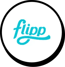 Flipp logo in blue script on a white circular background.