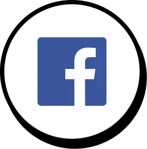 Facebook logo icon inside a white circle on a black background.
