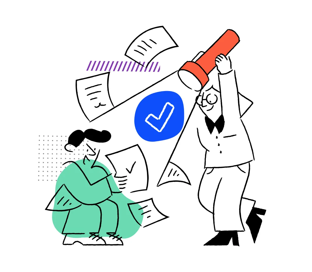 Person shining a large flashlight with a checkmark beam on a seated, worried person holding papers.