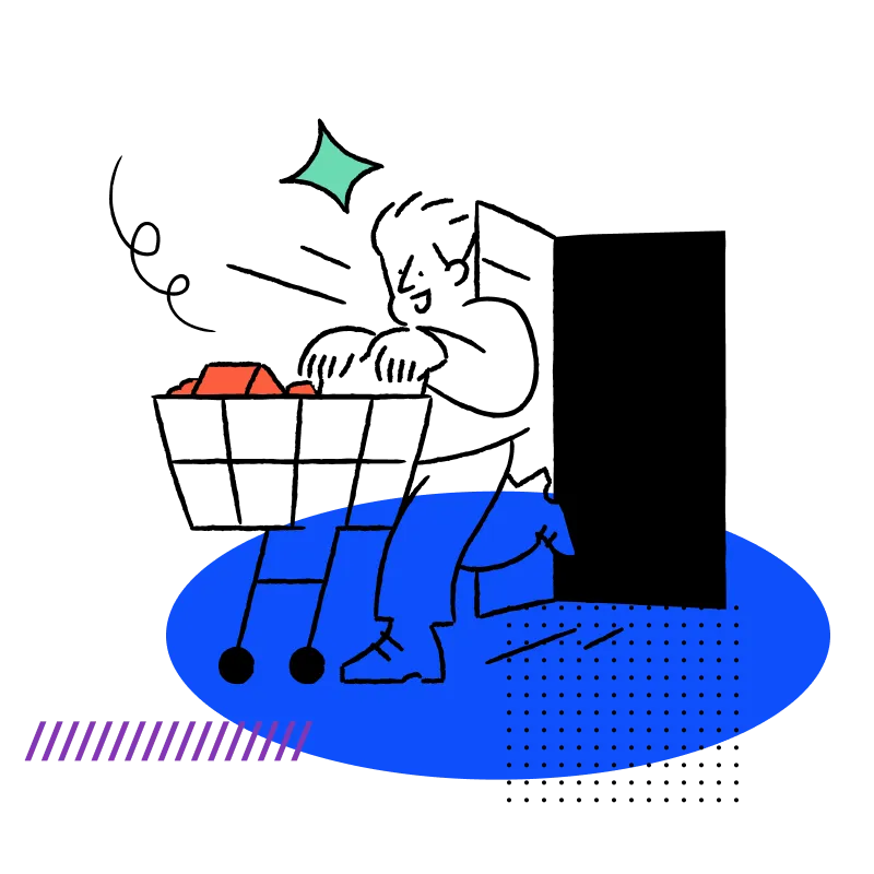 Illustration of a person using a walker with bright geometric shapes in the background.