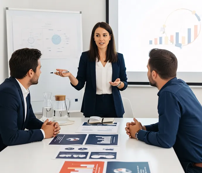 Businesswoman presenting data charts to two male colleagues in a meeting room.