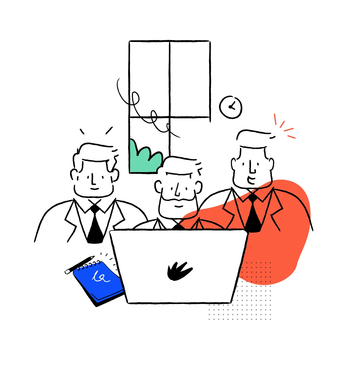 Three businessmen in suits working together at a laptop with a window, clock, and notebook nearby.