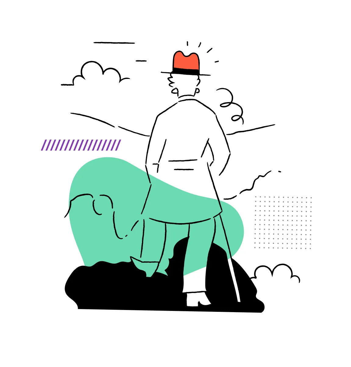 Sketch of person in a red hat with cane standing on abstract black and green shapes under a cloudy sky.