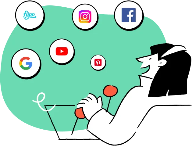 Person using a joystick with floating logos of Flipp, Instagram, Facebook, Google, YouTube, and Pinterest.
