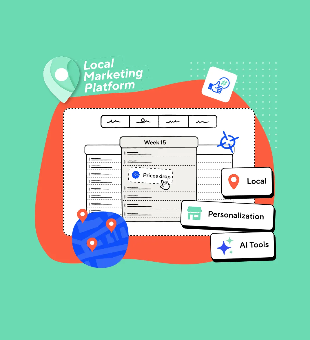 Illustration of a local marketing platform with schedule, map pins, and features like personalization and AI tools.