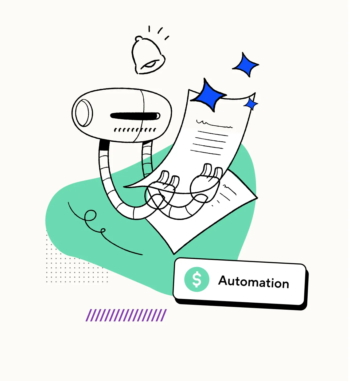 Robot hands holding sparkling documents with a notification bell and automation label.