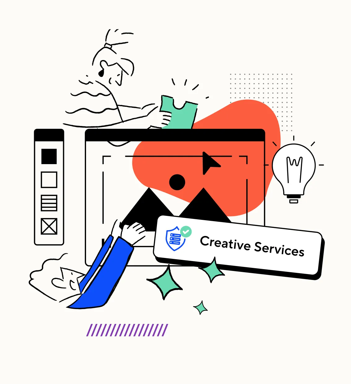 Illustration of two people designing a project on a computer screen labeled Creative Services.
