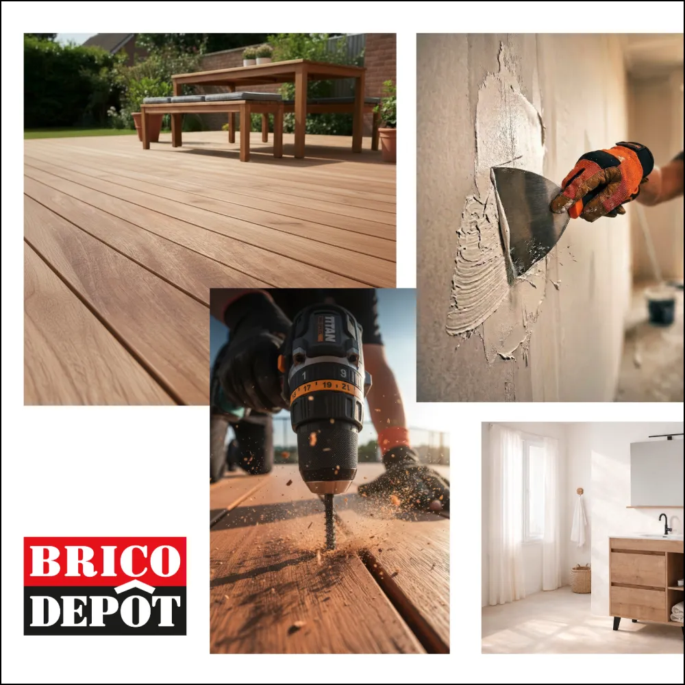 Collage showing wooden deck with benches, a person plastering a wall, drilling wood, and a modern bathroom.