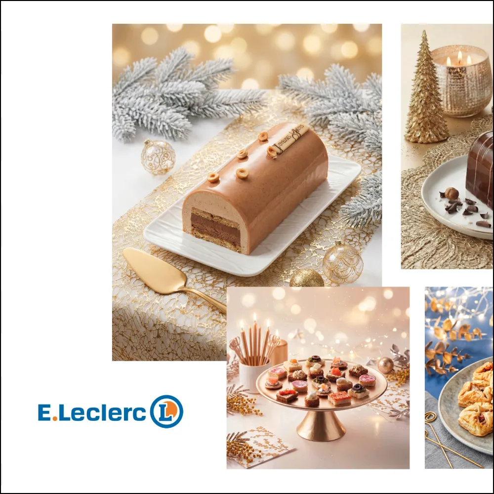 Festive desserts including a chocolate yule log, assorted petit fours on a gold stand, and pastries on a table.