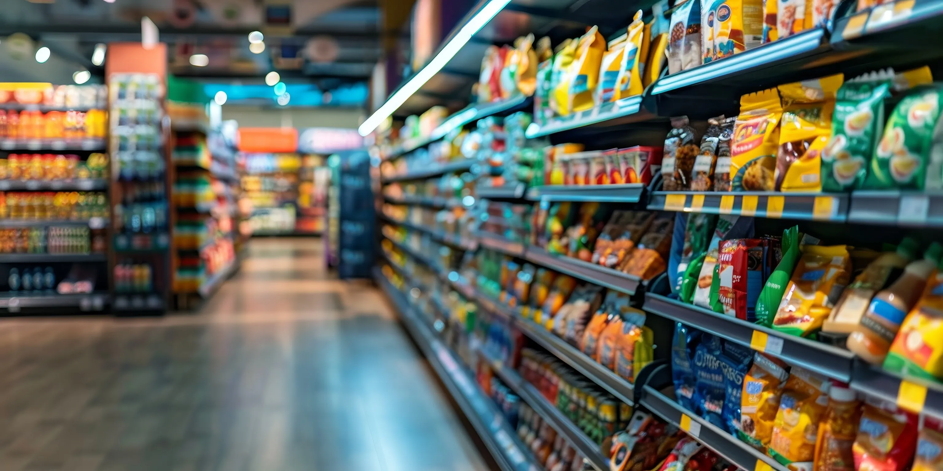 Grocery store aisle with shelves stocked with colorful packaged snacks and food items.