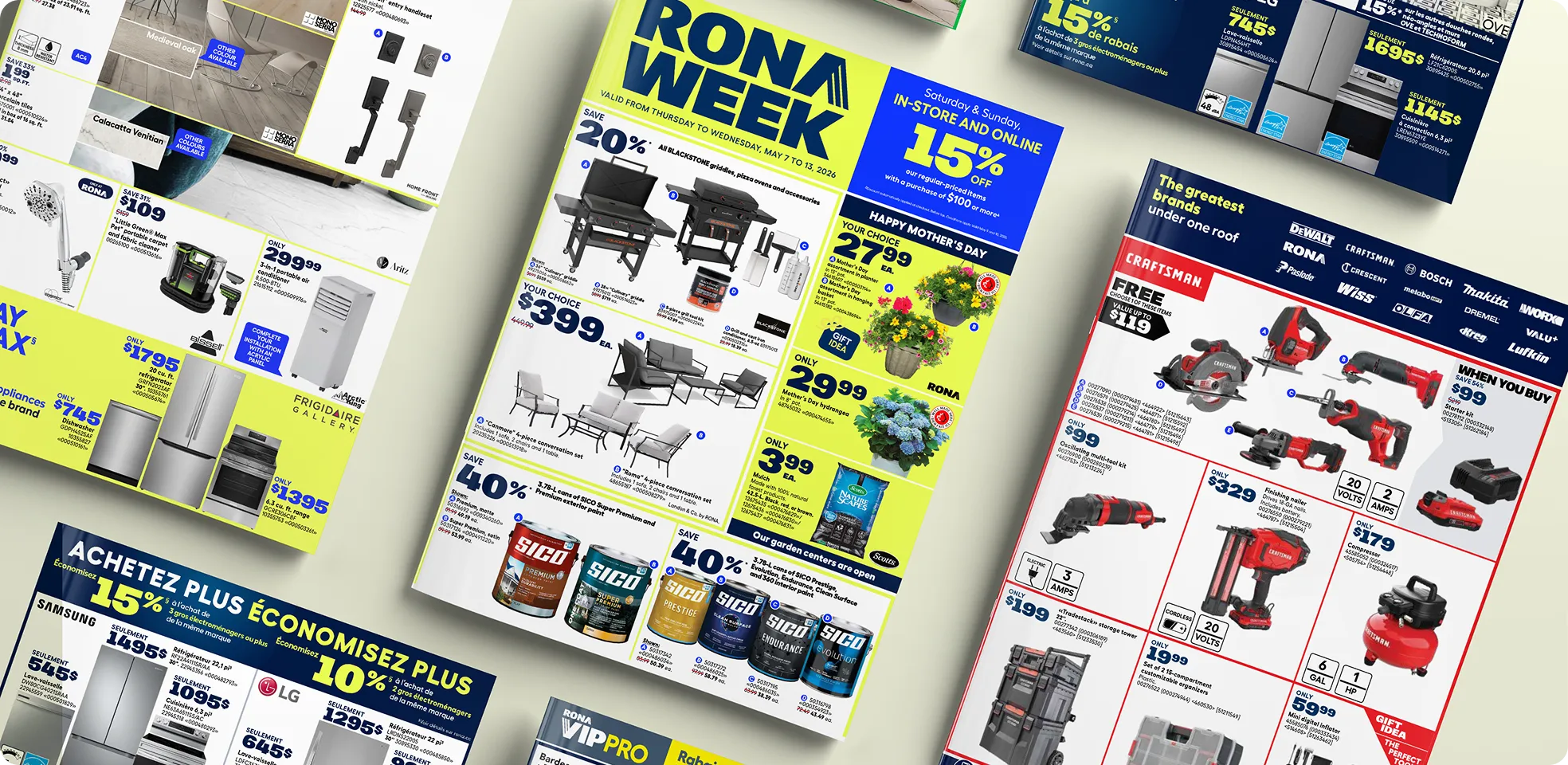 Various pages of Rona Week flyers showing discounts on grills, appliances, tools, garden items, and paint.