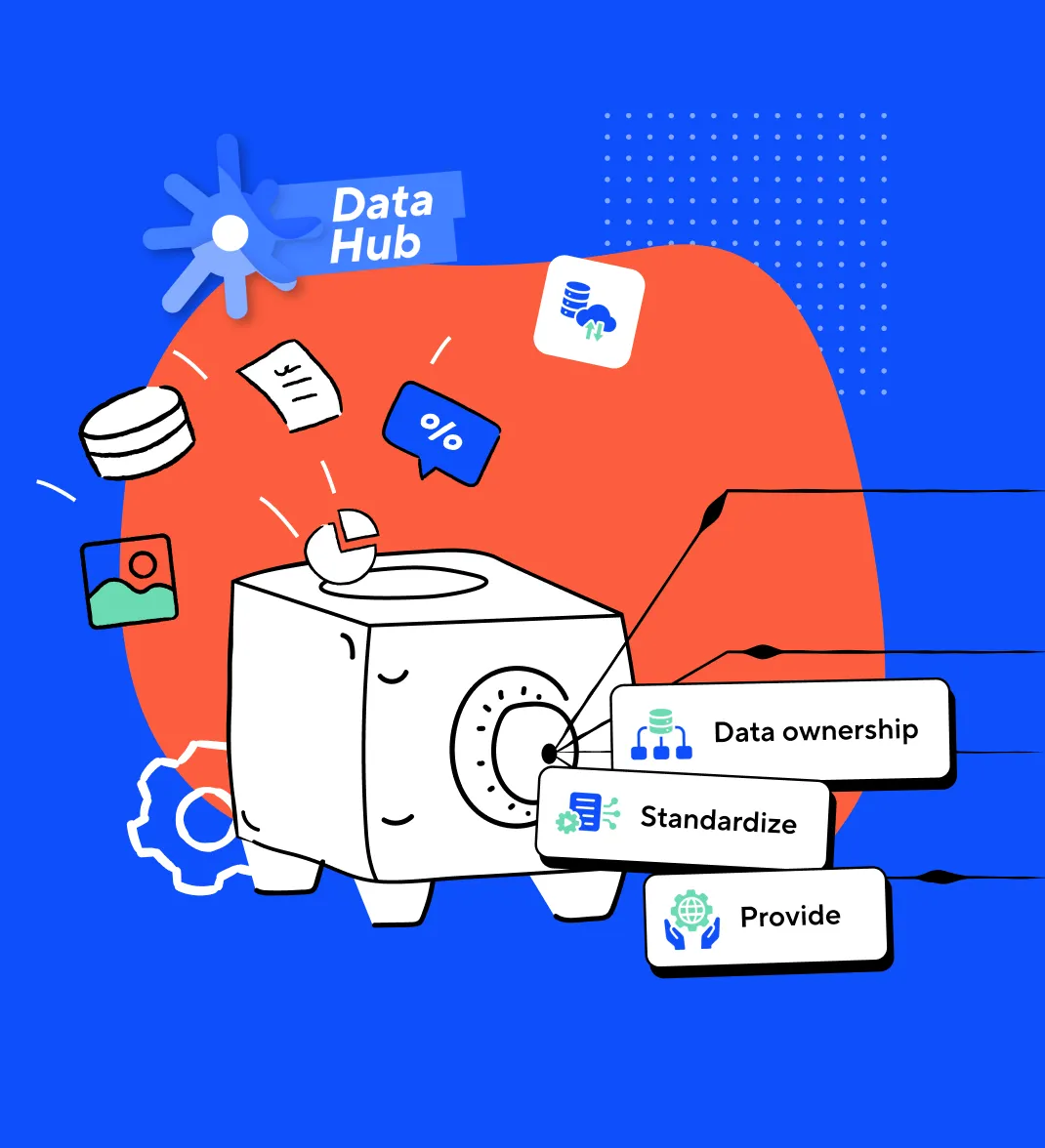 Illustration titled 'Data Hub' featuring a white safe-like cube with icons including a database, document, image, percentage, and cloud data flowing into it, with three labels pointing to the cube: Data ownership, Standardize, and Provide, against a blue background with an orange abstract shape.