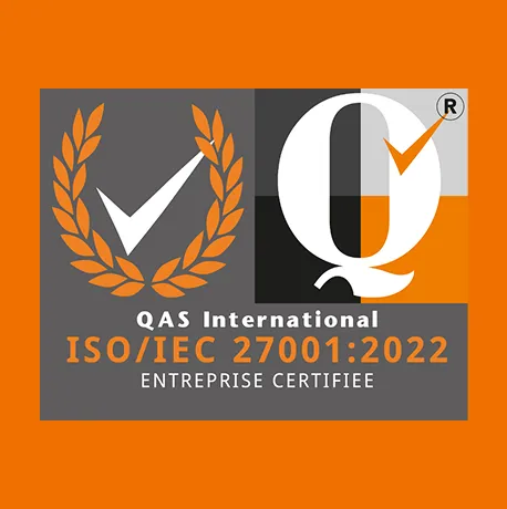 QAS International logo with a white checkmark inside an orange laurel wreath and a large white letter Q with an orange checkmark, text reading 'QAS International ISO/IEC 27001:2022 Entreprise Certifiee' on a gray and orange background.