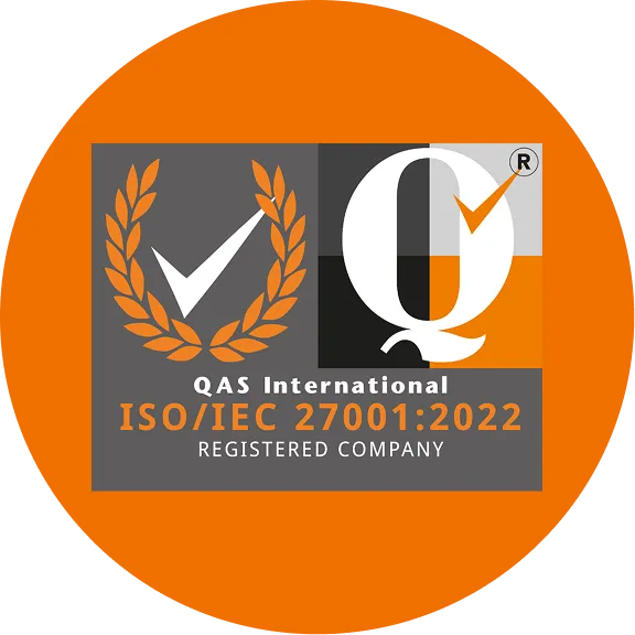 QAS International logo featuring a large Q with a checkmark inside, a laurel wreath, and text stating ISO/IEC 27001:2022 Registered Company on an orange circular background.