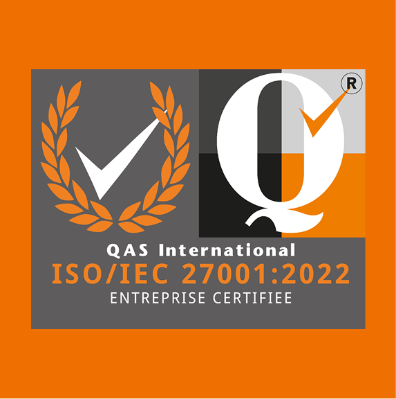 QAS International logo with a large stylized letter Q on a gray and orange background, featuring two check marks, laurel leaves, and text stating ISO/IEC 27001:2022 ENTREPRISE CERTIFIEE.
